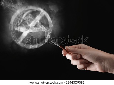 No Smoking sign of smoke near woman with cigarette on black background, closeup