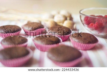 Chocolate muffins with fresh raspberries on the table
