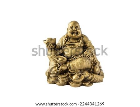 Gold color Feng Shui sitting laughing Buddha with gold coins. Wealth, prosperity, luck charm. Buddha figurine isolated on white background, lot of copy space.