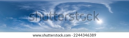 blue sky with cumulus clouds as seamless hdri 360 panorama with zenith in spherical equirectangular projection may use for sky dome replacement in 3d graphics or game development and edit drone shot