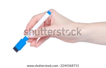 Blue whiteboard marker in hand on white background isolation