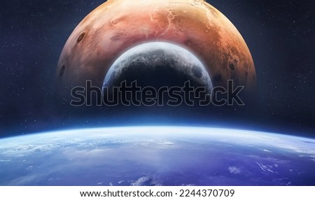 Earth, Moon, Mars in space. Planets in deep space. AStronomy collage. Elements of this image furnished by NASA Royalty-Free Stock Photo #2244370709