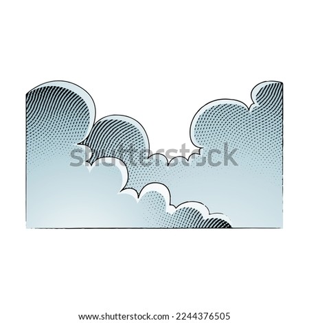Scratchboard Engraved Illustration of Clouds with Blue Fill isolated on a White Background
