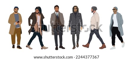 Set of different men wear street fashion stylish clothes winter or spring. Handsome guys in outfits for cold weather, coat, jacket, scarf, hat. Vector realistic illustration isolated, white background Royalty-Free Stock Photo #2244377367