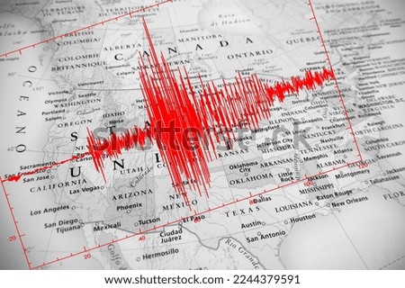 Red seismic wave over United States map, black and white effect. Royalty-Free Stock Photo #2244379591