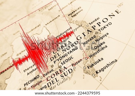 Red seismic wave over Japan and Korea geographical view Royalty-Free Stock Photo #2244379595