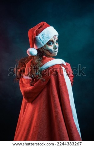 Christmas catrina woman dressed in red elements, poinsettias, makeup, umbrella and black background, latina woman, day of the dead traditions, Christmas skull