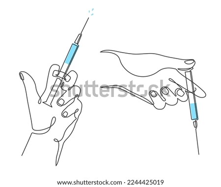 Hand holding syringe,one line art,continuous contour,hand drawn. Coronavirus vaccination,health care injection, treatment,preventive measures.Medical concept,injection dose.Editable stroke.Isolated. Royalty-Free Stock Photo #2244425019