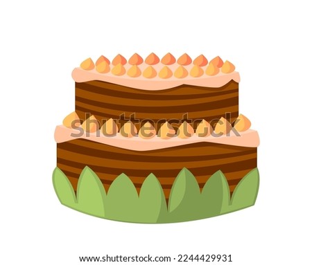 Festive Chocolate Cake Celebration, Holiday Pie With Choco Cream and Decor Isolated On White Background. Bakery, Sweets And Pastry Dessert, Baking Store Production. Cartoon Vector Illustration