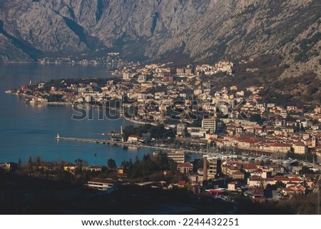 The Bay of Kotor, Beautiful aerial view of Boka Kotorska, with Kotor, Herceg Novi and Tivat municipalities in a sunny day, Adriatic sea and Dinaric Alps with Lovcen and Orjen mountains, Montenegro Royalty-Free Stock Photo #2244432251