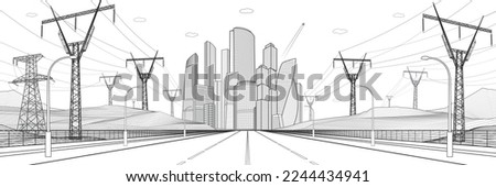 Large highway. Modern city illustration. High voltage transmission systems. Network of interconnected electrical. Mounrains and enegry pylons at white background. Gray outlines, vector design   Royalty-Free Stock Photo #2244434941