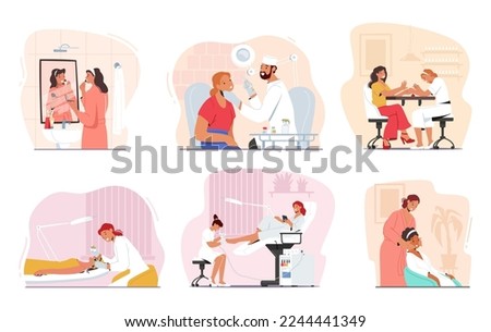Set Woman Cosmetology Procedures, Personal Care. Female Characters Applying Mask, Beauty Injection, Pedicure and Makeup. Aesthetic Cosmetology, Skin Care Salon. Cartoon People Vector Illustration Royalty-Free Stock Photo #2244441349