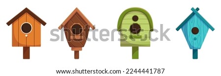 Set of Wooden Bird Houses, Colorful Feeders of Different Design with Slope Roof. Birdhouses, Home or Nest with Round Holes, Cute Homes for Birds. Cartoon Vector Illustration, Icons, Clip Art