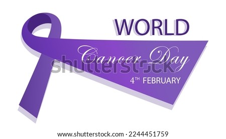World Cancer Day, 4th february concept. Violet ribbon, text. White background. Horizontal template. Vector illustration.