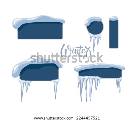 Banners with snow cap and icicles. Winter design element collection. Buttons isolated on white background. Seasonal banners with copy space for writing, cards, border. Blue plates for sign, index Royalty-Free Stock Photo #2244457521