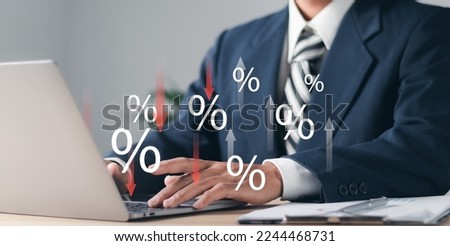 Percentage icons and up and down arrow icons with graph indicators on interface icons. Concept of financial interest rates and mortgage rates. Interest Rates Stocks Finance Ratings Mortgage Rates.