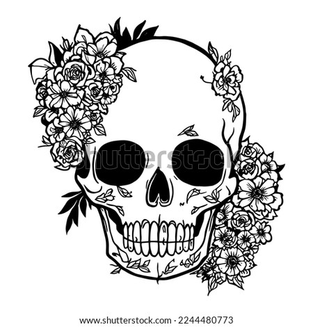 Skull with flowers. Sketch human skull with roses, traditional gothic black tattoo. Drawn monster halloween engraving vector artwork. Scary dead head with teeth with blossom and foliage