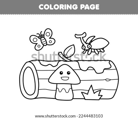 Education game for children coloring page of cute cartoon bug and mushroom in front of wood log line art printable nature worksheet