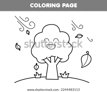 Education game for children coloring page of cute cartoon tree and leaves blowing in the wind line art printable nature worksheet