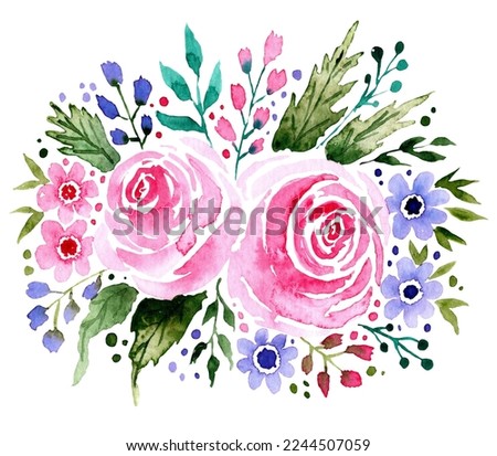 Loose watercolor floral roses in pink and purple in an arrangement with blossoms and leaves. Illustration for design, print or background.