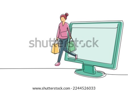 Single continuous line drawing young woman coming out of monitor screen holding shopping bags. Sale, digital lifestyle and consumerism concept. Dynamic one line draw graphic design vector illustration