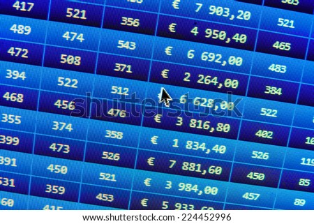 Charts and quotes on display. Blue stock market. Macro view. Business trade. Blue stock market. Business stock exchange. Blue macro real time photo Abstract technology background. Ticker board blue. 