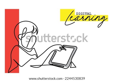 Continuous line art of a preteen boy using tablet. Digital learning concept art. Screen time limitations art. Excessive exposure to blue light. watching Games and cartoon.