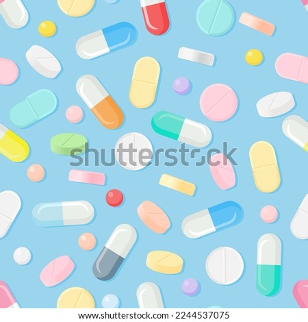 Vector seamless pattern with tablets. The concept of treatment and recovery. A health design element for apps, websites and social networks. Medicinal pills. Royalty-Free Stock Photo #2244537075