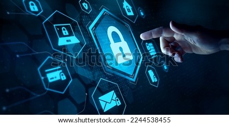 Secure access and online data protection. Data privacy and cyber security on internet for email, credit card. Data encryption with password. Finger touching futuristic HUD holographic lock icon. Royalty-Free Stock Photo #2244538455
