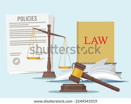 Law and policy of law and legislation with polies and court hammer. Company policies with rules and regulation document. Justice and law legislation balance law and policy of company, UK and USA court Royalty-Free Stock Photo #2244541019