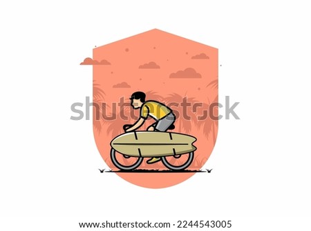 Ride a bike with a surf board illustration design