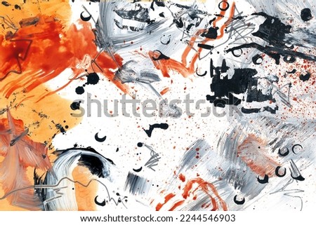 Modern abstract expressionism designed on canvas with chaotic splatter paint, watercolor streaks and acrylic brushstrokes. Contemporary art background. Mixing orange, red and black colors.