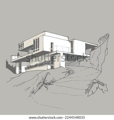 Architecture of modern house.  architecture drawing Building exterior of contemporary villa. Private real estate. Colored flat graphic vector illustration isometric building on  background