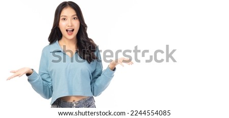 Surprised happy beauty asian woman looking camera in excitement mouth open Expressive facial expressions Beautiful girl act like a satisfied excited product Isolated on white background copy space