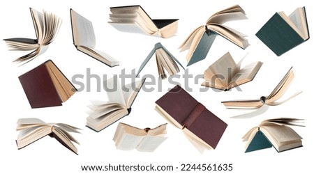 Many hardcover books falling on white background Royalty-Free Stock Photo #2244561635