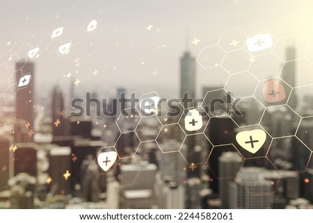 Abstract virtual medical illustration on blurry skyline background. Medicine and healthcare concept. Multiexposure