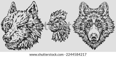 Head of rooster, dog, wolf. Abstract character illustration. Graphic logo designs template for emblem. Image of portrait.