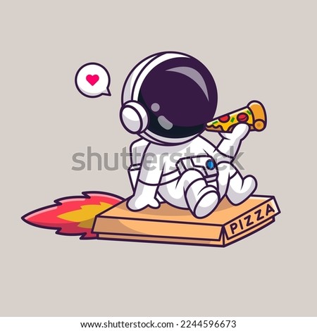 Cute Astronaut Riding Pizza Box Rocket And Eating Pizza Cartoon Vector Icon Illustration. Science Food Icon Concept Isolated Premium Vector. Flat Cartoon Style
