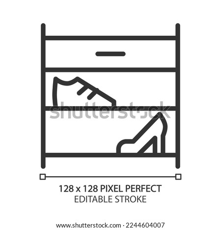 Shoe rack pixel perfect linear icon. Footwear storage organizer. Modern contemporary home furniture store. Shelving. Thin line illustration. Contour symbol. Vector outline drawing. Editable stroke Royalty-Free Stock Photo #2244604007