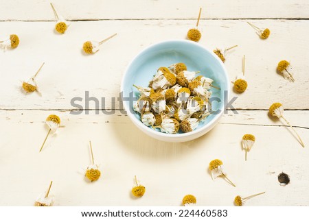 dried chamomile flowers in a blue china bowl, rusty white wood table background
