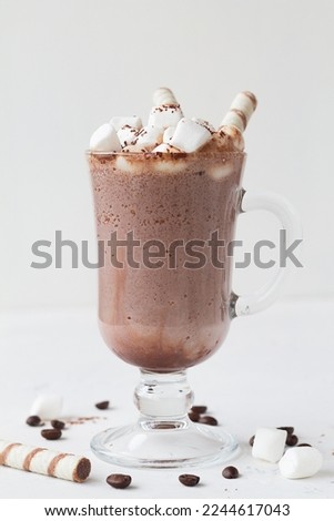 Cup of Hot chocolate with marshmallow and wafer stick. Winter and autumn time. Christmas drink on the white background. copy space. Viennese Coffee