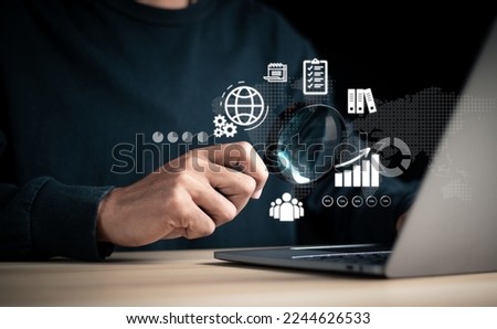 Business process concept. Businessman analyzing data, workflow and strategy on modern virtual interface.