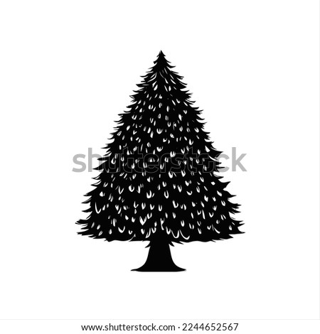 Christmas tree - Vector Logo Mascot Illustration. A black and white drawing of a tree with leaves on it's branches and a white background with a black outline
