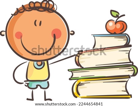 Cartoon happy boy standing with books, isolated on white, vector illustration