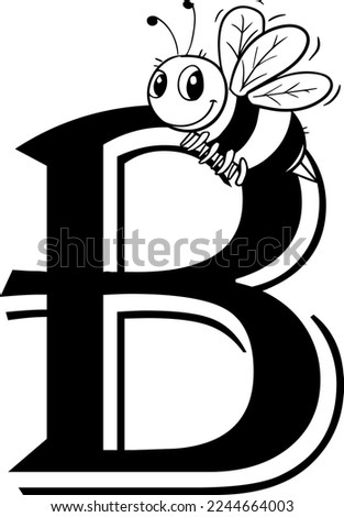 Bee Lettering Alphabet B Black and white illustration for printing and decoration
