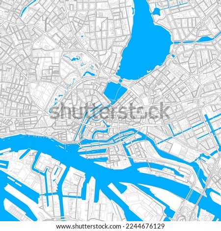Hamburg, Hamburg, Germany high resolution vector map with editable paths. Bright outlines for main roads. Use it for any printed and digital background. Blue shapes and lines for water.