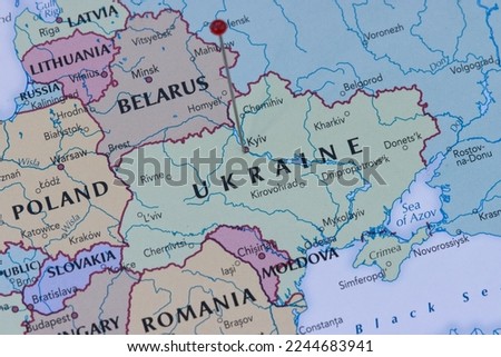 Kiev, Ukraine, capital city of Ukraine pinned on political map.  Royalty-Free Stock Photo #2244683941