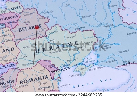 Chernivtsi, Ukraine - city close to Ukraine-Romanian border, pinned on political map.  Royalty-Free Stock Photo #2244689235