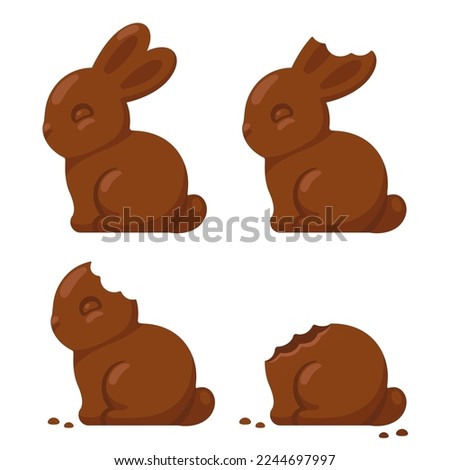 Cute chocolate bunny being eaten: with a little bite, then ear and head bitten off. Traditional Easter treat, isolated vector illustration.