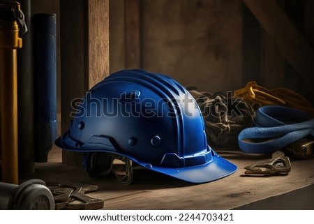 A blue safety helmet or hardhat, construction worker PPE, is placed on wooden work bench in the factory work place. Safety PPE object. Royalty-Free Stock Photo #2244703421